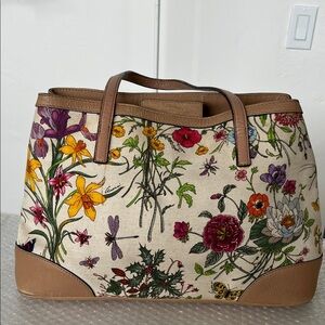 Gucci Vintage Floral Canvas Tote Bag with Tan Leather Accents